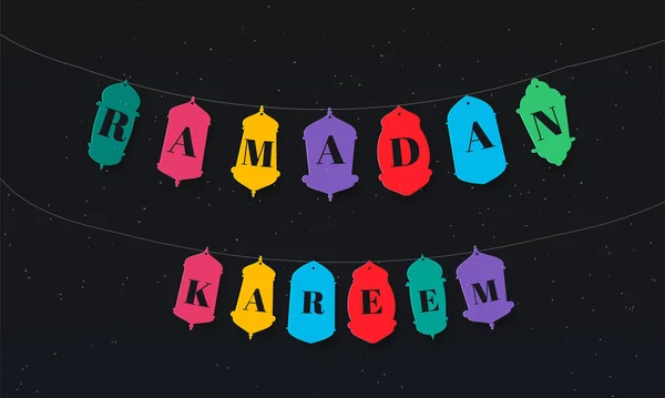 Colorful Ramadan Kareem Letter Garland Golden Confetti Black Background — Stock Vector