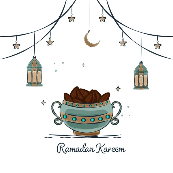 Ramadan Kareem Koncept Med Skål Full Datum Arabiska Lyktor Stjärnor — Stock vektor