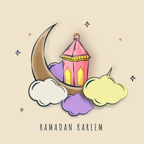 Плакат Празднования Рамадана Карима Изображением Полумесяца Каракулей Арабского Фонаря Облаков — стоковый вектор