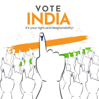 Crowd Of Indian Voters Showing Index Finger After Voting With Tricolor Brush Effect For Election Day. clipart
