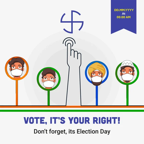 这是你的权利 不要忘记选举日的概念与不同的宗教人士和索引手指触摸选举结果或白色背景的投票符号 — 图库矢量图片