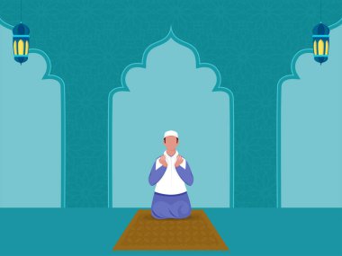 Mat 'ta ve Arap Fenerlerinde Mavi İslami Şablon Üzerine İbadet Eden Yüzsüz Müslüman Adam (Namaz).