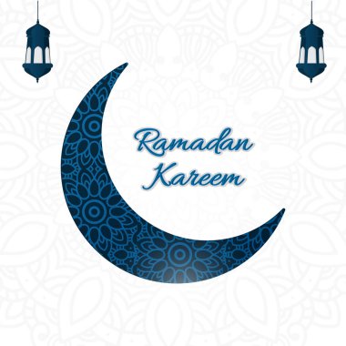 Etiket Biçimi Ramazan Kareem Yazı Tipi İslami desenli Hilal Ay Mavili ve Beyaz Arkaplanda Arap Fenerleri.