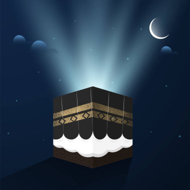 Gerçekçi Mekke Madina ya da Hilal Ay 'ı ve mavi arka planda ışık huzmeleri olan Kabe.