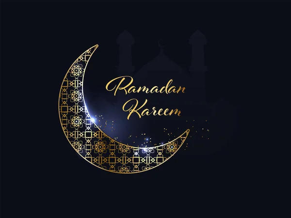 Golden Ramadan Kareem Písmo Ornamentem Půlměsíc Světelný Efekt Modré Siluety — Stockový vektor