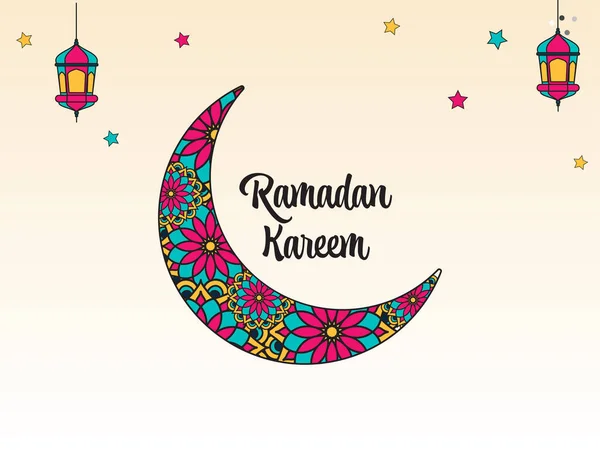 Ramadan Kareem Text Med Färgglada Blommor Halvmåne Stjärnor Och Arabiska — Stock vektor