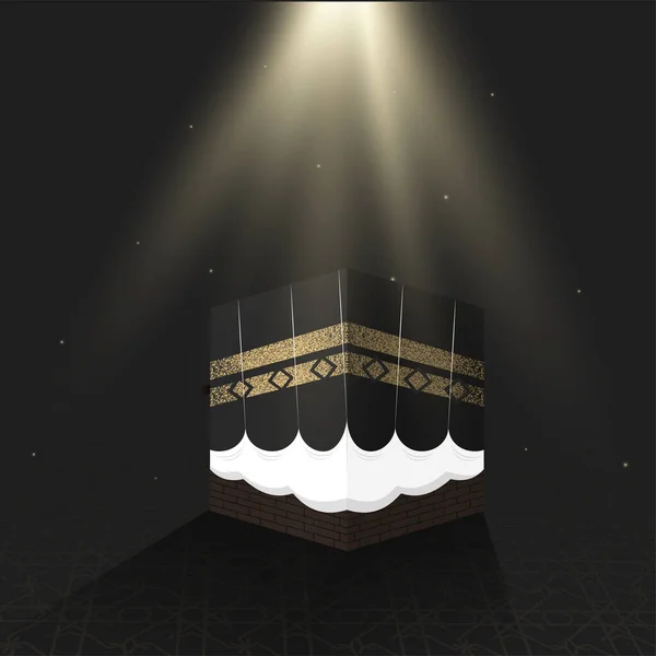 Mecca Realistica Madina Kaaba Raggi Luce Sfondo Nero Modello Islamico — Vettoriale Stock