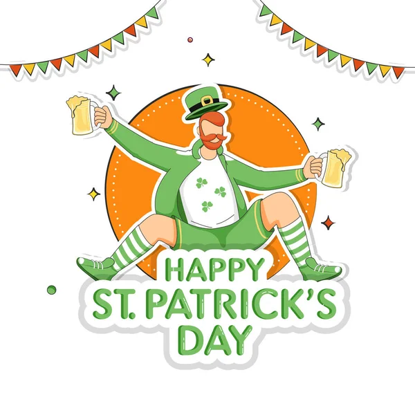 Sticker Style Happy Patrick Day Font Avec Cartoon Leprechaun Man — Image vectorielle