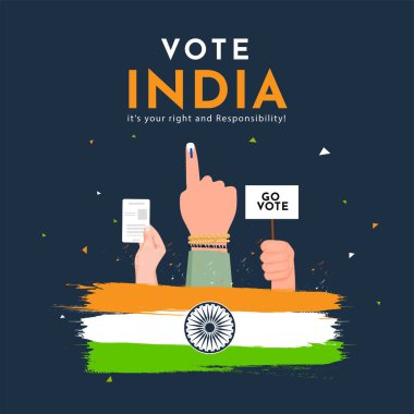 Illustration Of Indian Voter Hands And India Flag Brush Effect On Blue Background For Vote India, It's Your Right And Responsibility. clipart