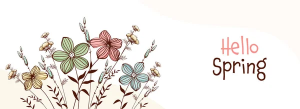 白い背景に美しい花で飾られたハロー春のバナーやヘッダーデザイン — ストックベクタ