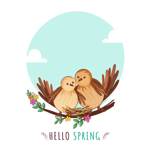 Bonjour Spring Poster Design Avec Couple Oiseau Assis Branche Florale — Image vectorielle