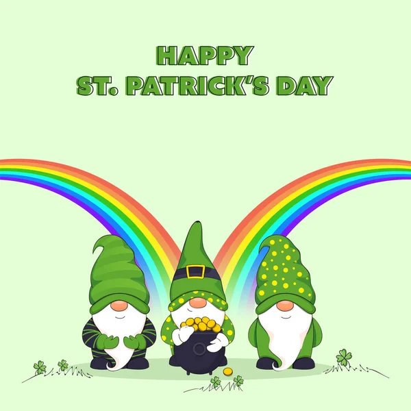 Patrick Day Poster Design Cartoon Gnomes Wearing Leprechaun Hat Golden — Stock Vector