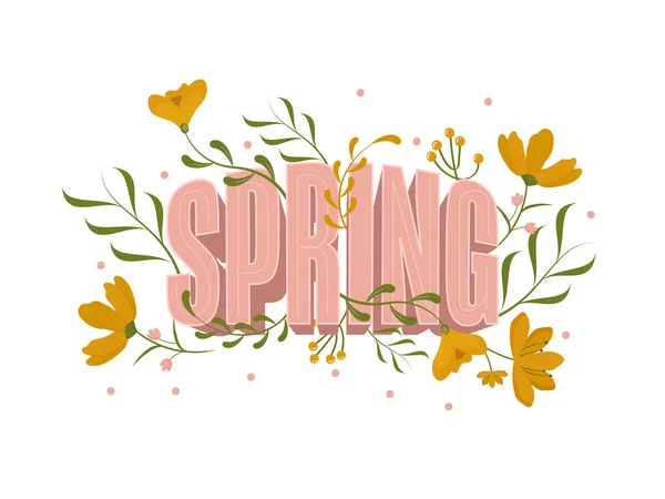 Pink Spring Text Decorated Flowers Buds Leaves White Background — Stock Vector