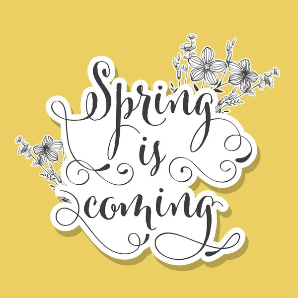 Sticker Style Spring Coming Font Linear Floral Żółtym Tle — Wektor stockowy