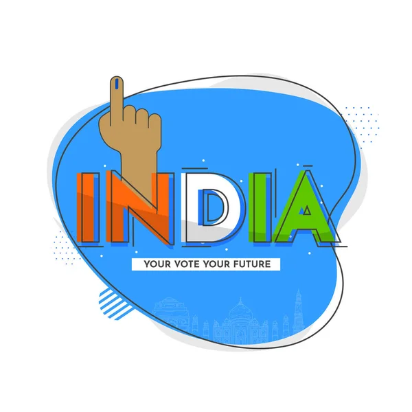 Tricolor Indiaフォント 投票マーク付きインデックスフィンガー 抽象的な青と白の背景で有名な線形記念碑 — ストックベクタ