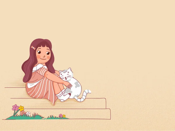 Vector Illustration Young Girl Sitting Cute Girl Stair Copy Space — Stock Vector