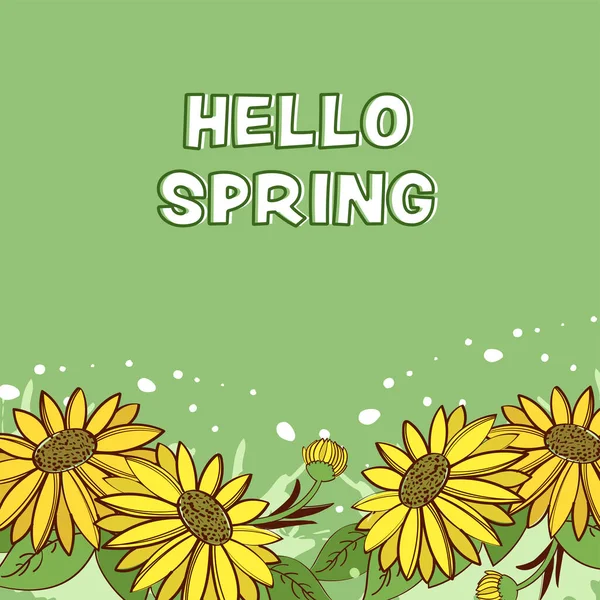 Hello Spring Concept Avec Tournesols Feuilles Décorées Sur Fond Vert — Image vectorielle