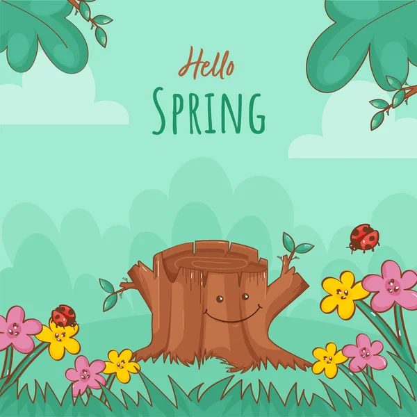 Hallo Voorjaar Achtergrond Versierd Met Bloemen Lieveheersbeestjes Smiley Tree Stump — Stockvector