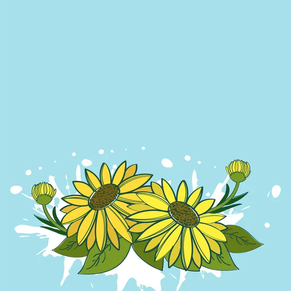 Girasoles Con Hojas Efecto Salpicadura Blanca Sobre Fondo Azul — Vector de stock