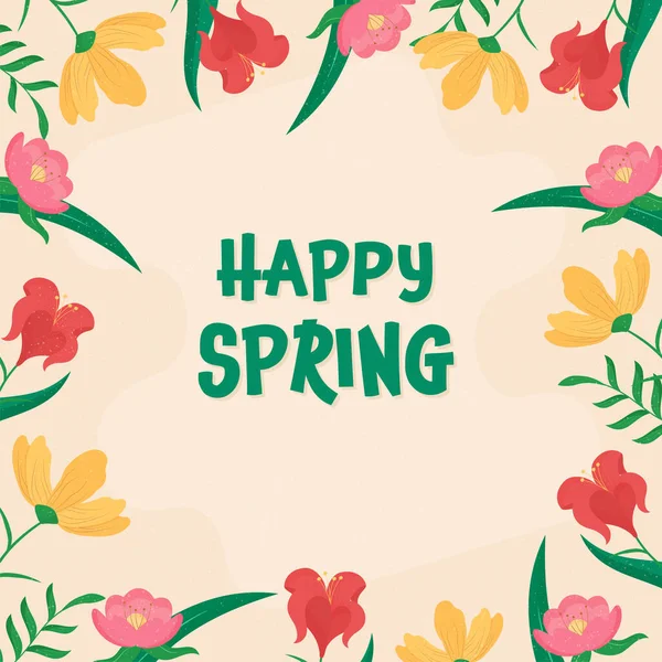 Happy Spring Concept Kolorowymi Kwiatami Liśćmi Dekorowane Pastelowe Brzoskwinie Tle — Wektor stockowy