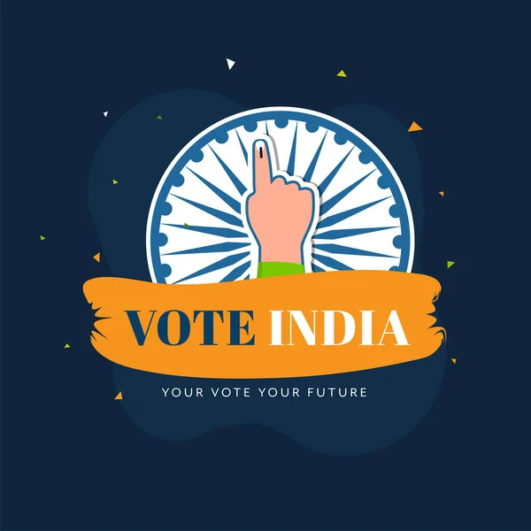 投票インドに拠点を置くポスターデザインステッカースタイルの投票マークインデックス白の背景にアショカホイール上の指 — ストックベクタ
