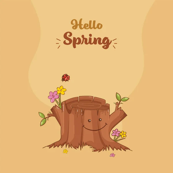 Bonjour Spring Poster Design Avec Bûche Arbre Souriant Fleurs Coccinelle — Image vectorielle
