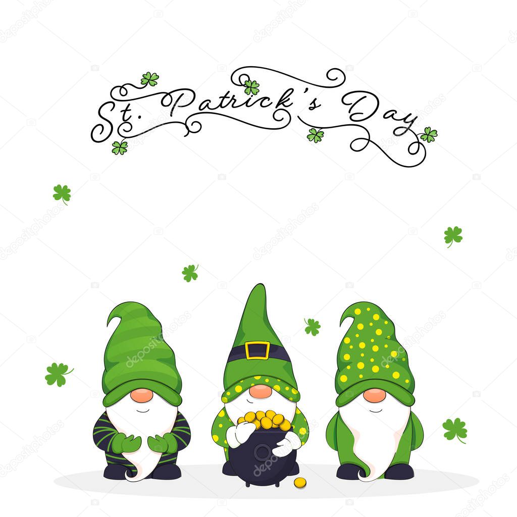 St. Patrick's Day Concept With Cartoon Gnomes Wearing Leprechaun Hat, Golden Coins In Cauldron And Clover Leaves Decorated On White Background.
