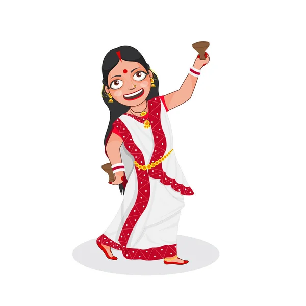 Бенгальская Женщина Исполняет Танец Джунути Традиционном Наряде Белом Фоне — стоковый вектор