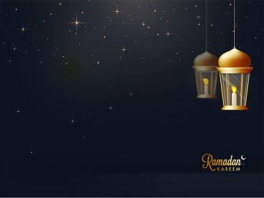 Aydınlatılmış Altın Lambalar Asılı ve Işıklar Kara Arkaplan üzerinde İslami Ayın Efekti, Ramazan Kareem Kutlaması.