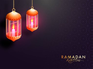 Mor Mandala desenli Gerçekçi Işıklı Fenerlerle Altın Ramazan Kareem Yazı Tipi.