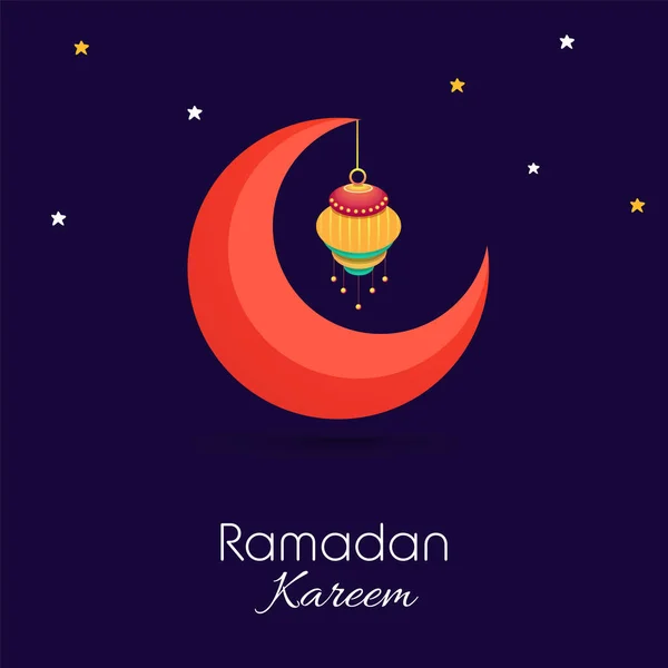 Ramadan Kareem Poster Design Orange Crescent Moon Lantern Hang Stars — 스톡 벡터