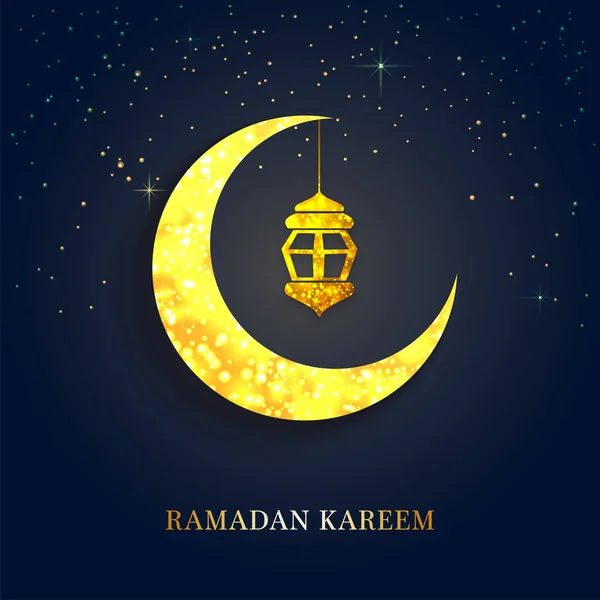 Golden Ramadan Kareem Text Med Bokeh Effect Gul Halvmåne Lykta — Stock vektor