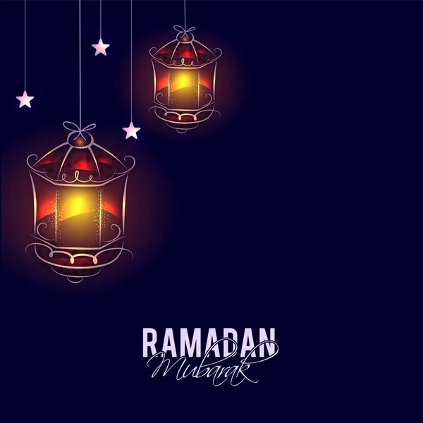 Koncepcja Ramadan Mubarak Oświetlonymi Arabskimi Latarniami Gwiazdami Powiesić Niebieskim Tle — Wektor stockowy