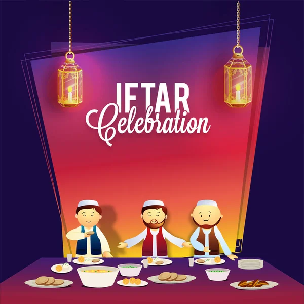 Ramadan Kareem Iftar Party Tarjeta Invitación Con Ilustración Hombres Musulmanes — Archivo Imágenes Vectoriales