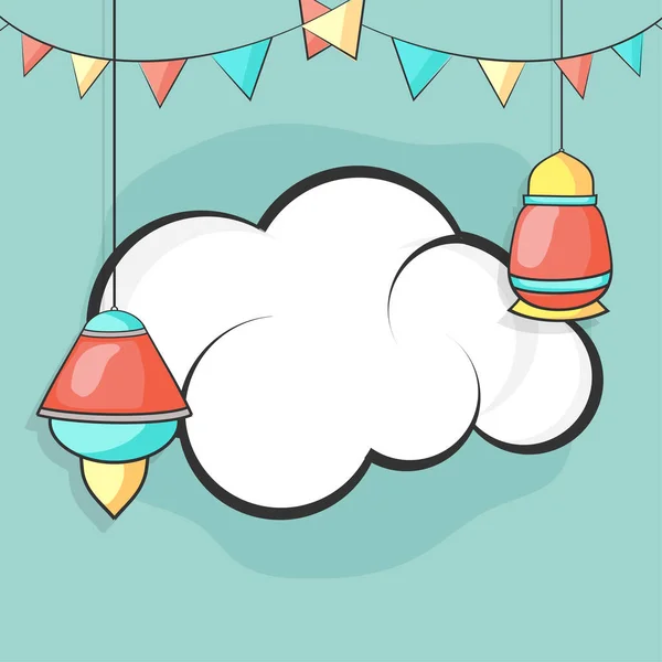 Empty Cloud Shape Frame Hanging Lanterns Bunting Flags Blue Background — Stock Vector