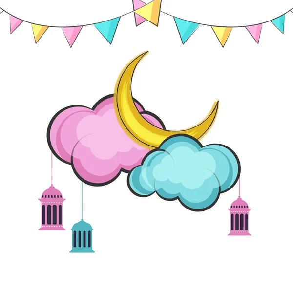 2015 Flat Crescent Moon Clouds Lanterns Hang Bunting Flag Decorated — 스톡 벡터