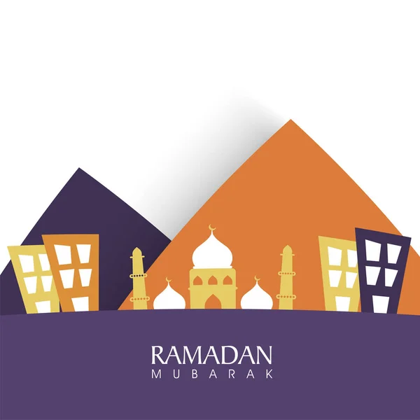 Concepto Ramadán Mubarak Con Mezquita Edificios Sobre Fondo Colorido — Vector de stock