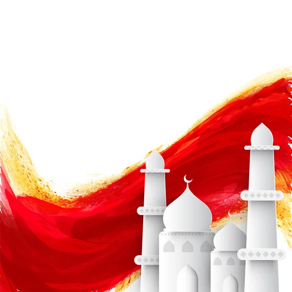 伊斯兰节概念的白色背景下的剪纸清真寺与笔刷纹波 — 图库矢量图片