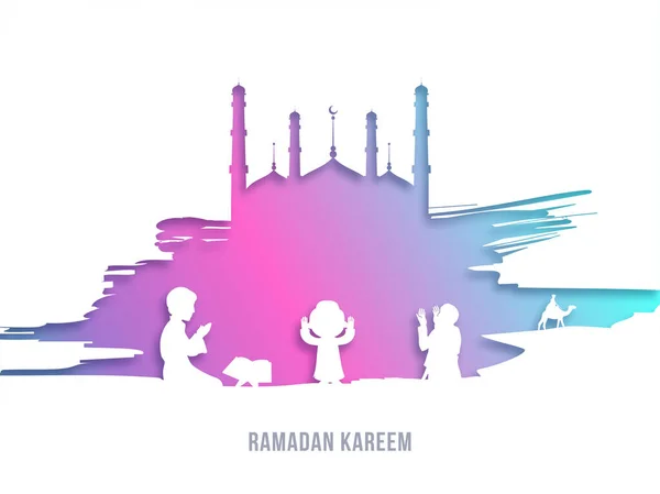 Ramadan Kareem Concept Avec Papier Coupé Personnes Islamiques Priant Mosquée — Image vectorielle