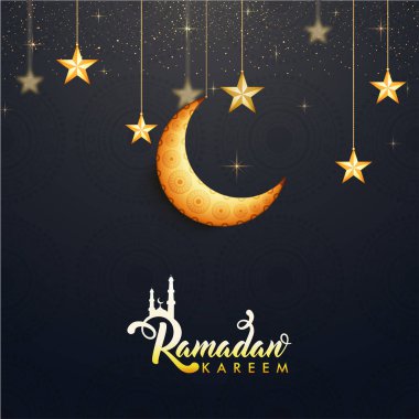 Ramazan Kareem Altın Hilal Ayıyla Kutlama Kavramı, Yıldızlar Gri Işık Efekti Altında.
