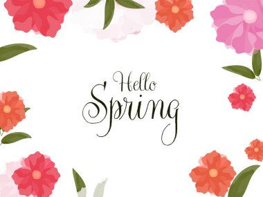 Merhaba Çiçeklerle İlkbahar Kaligrafi ve Beyaz Arkaplan Dekorasyonlu Sınır.