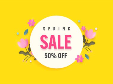 % 50 İndirimli Poster Tasarımı, Beyaz ve Sarı Arkaplanda Çiçek.