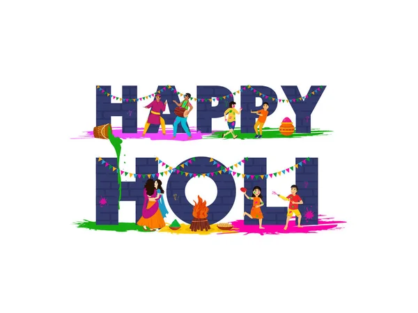 Happy Holi Celebration Background Indian People Celebrating Festival Bonfire Illustration — 스톡 벡터