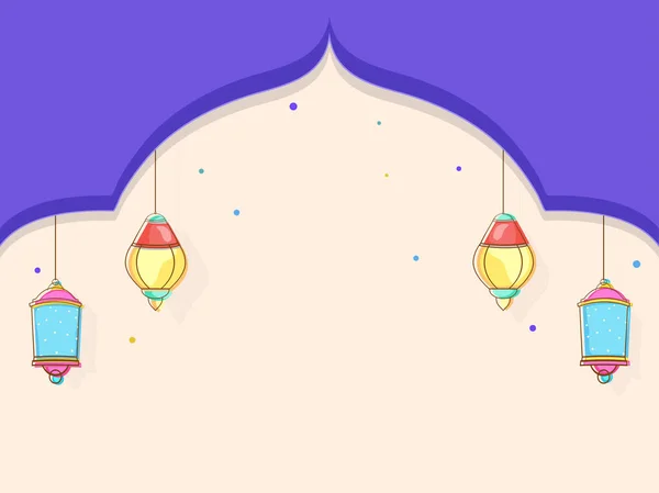 ぶら下がりアラビアの提灯で飾られたイスラム祭りの挨拶カードと桃と紫の背景にスペースをコピー — ストックベクタ