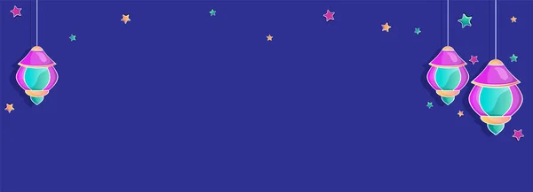 Linternas Árabes Cuelgan Con Estrellas Decoradas Fondo Azul Espacio Copia — Vector de stock