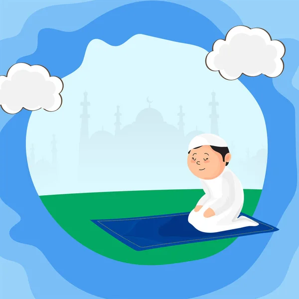 Abstract Blue Green Silhouette Mosque Background Muslim Young Boy Praying — Stock Vector