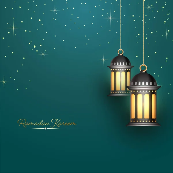 Golden Ramadan Kareem Font Lit Arabic Lanterns Hang Light Effect — Stock Vector