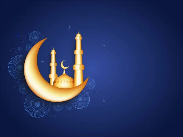 Golden Crescent Moon Mit Moschee Mandala Muster Und Kopie Raum — Stockvektor