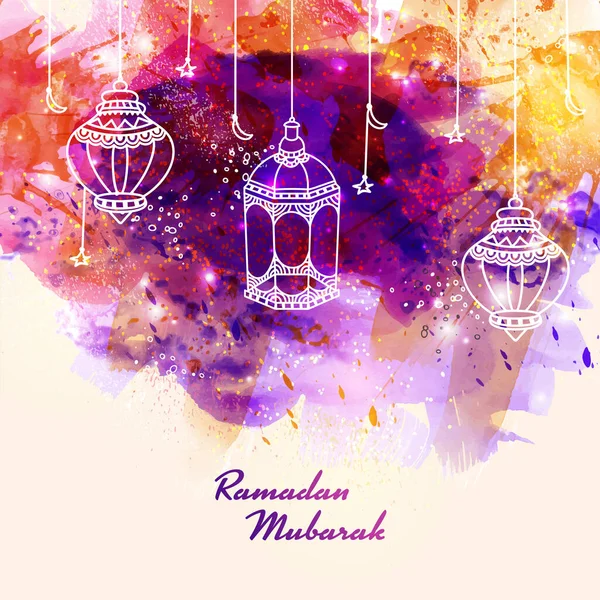 Ramadan Mubarak Concetto Con Appeso Lineare Ornamento Islamico Astratto Acquerello — Vettoriale Stock