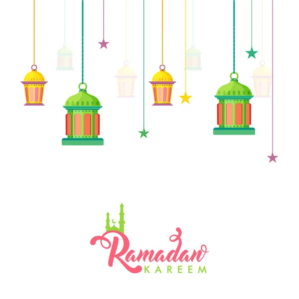 Tarjeta Felicitación Ramadán Kareem Con Linternas Árabes Colgantes Estrellas Decoradas — Archivo Imágenes Vectoriales